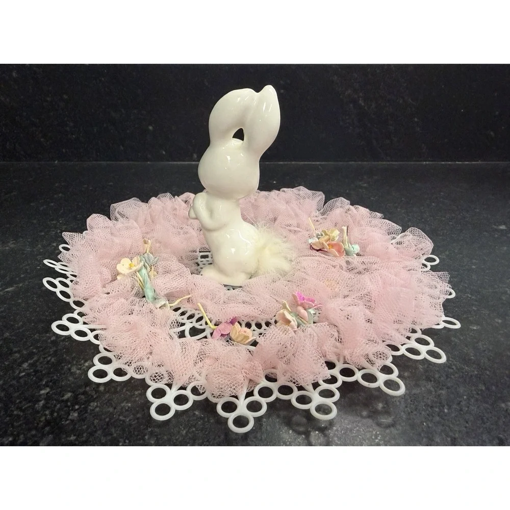 Vintage Ceramic Bunny Rabbit Figurine w Fur Tail Pink Tulle Easter Centerpiece‎